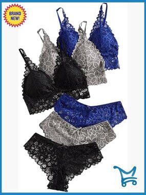 6-Piece Lace Bow Floral Lingerie Sets Wireless Padded Bra Panty Set